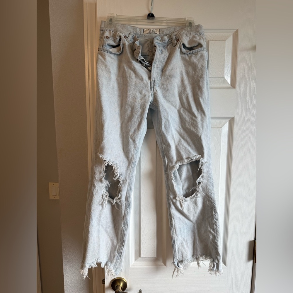 Free People We the Free Maggie Ripped Ankle Straight Leg Jeans in Paradise Blue